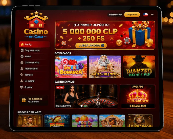Plataforma Casino En Casa con tragamonedas, ruleta en vivo, juegos populares, jackpot y bono de primer depósito en Chile.