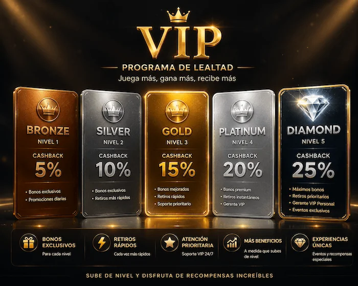 Programa de lealtad VIP de Casino En Casa con niveles Bronze, Silver, Gold, Platinum y Diamond, cashback y beneficios exclusivos.